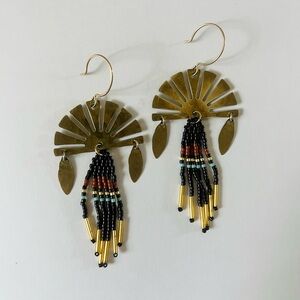 Handmade Artisan Black and Gold Sunburst Fringe Beaded Southwestern Earrings